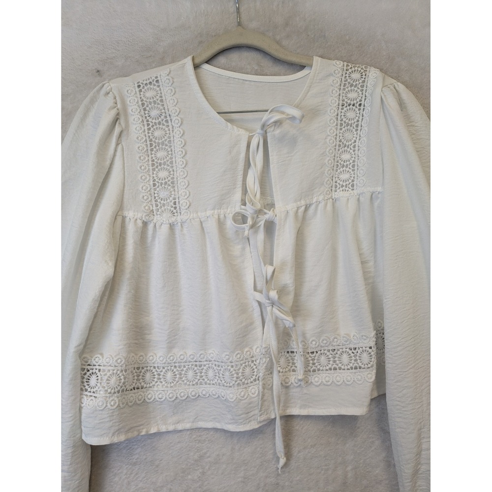 SHEIN Blouse Women's XS White Tie Front Long Sleeve Cottagecore Boho - Picture 4 of 9